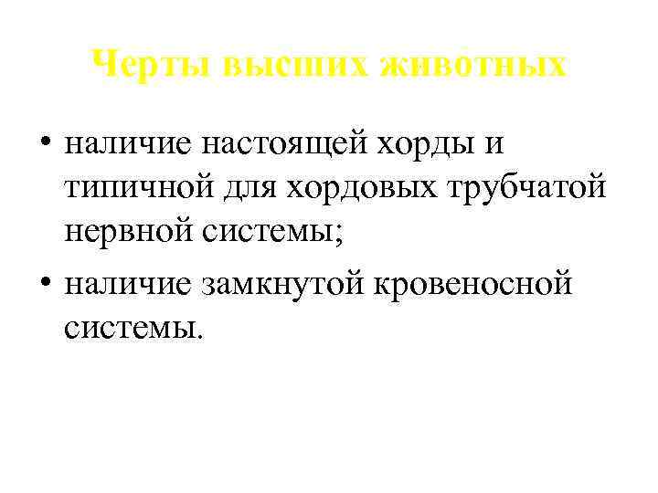  Черты высших животных • наличие настоящей хорды и  типичной для хордовых трубчатой