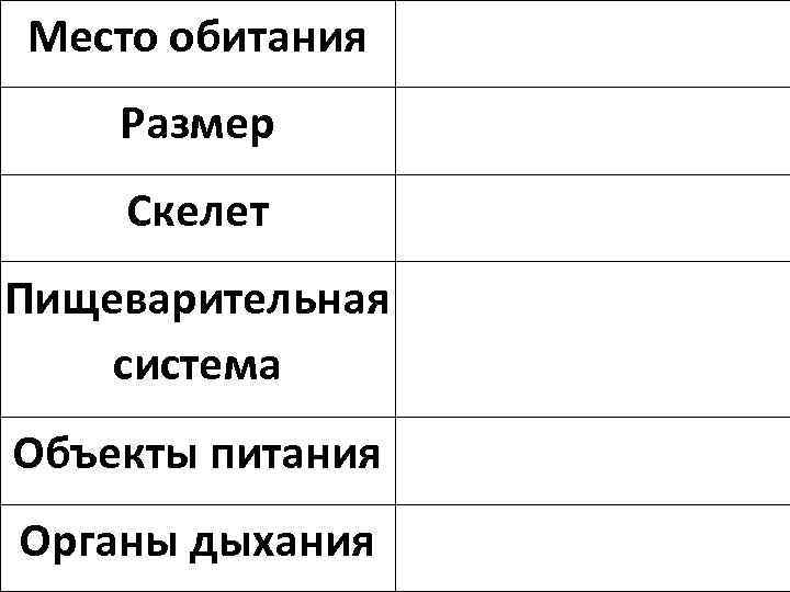 Место обитания Размер Скелет Пищеварительная система Объекты питания Органы дыхания 