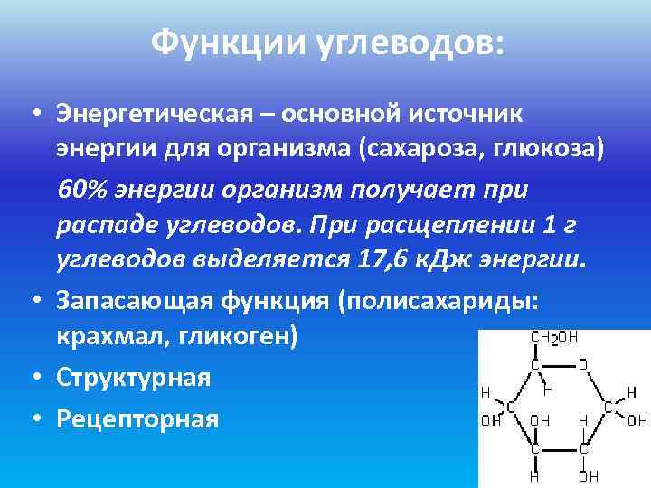   Функции углеводов:  • Энергетическая – основной источник  энергии для организма