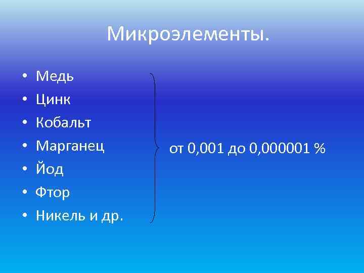    Микроэлементы.  •  Медь •  Цинк •  Кобальт