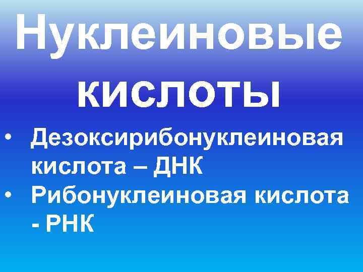 Нуклеиновые  кислоты • Дезоксирибонуклеиновая  кислота – ДНК • Рибонуклеиновая кислота  -