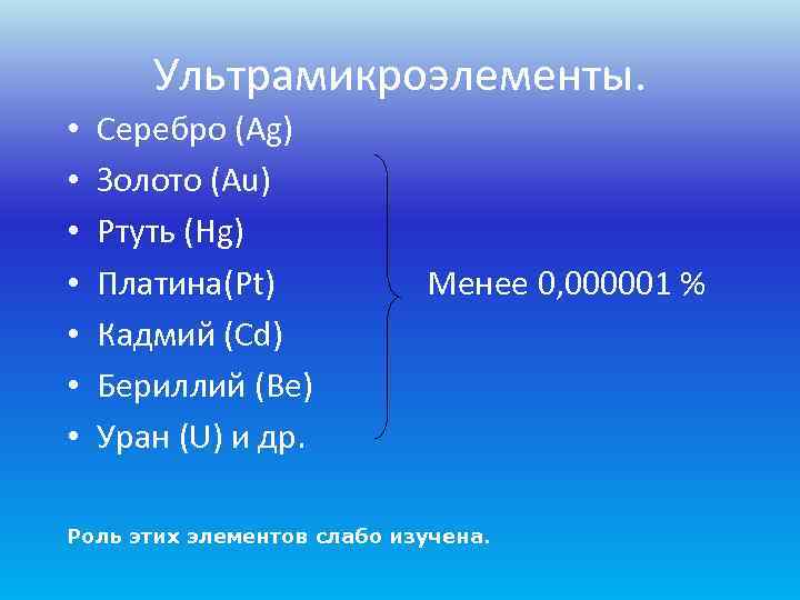   Ультрамикроэлементы.  •  Серебро (Ag) •  Золото (Au) • 