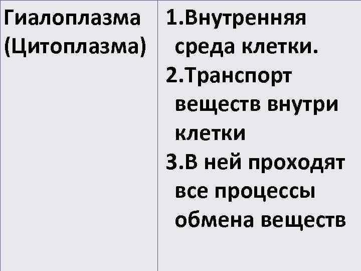 Гиалоплазма 1. Внутренняя (Цитоплазма) среда клетки.    2. Транспорт   