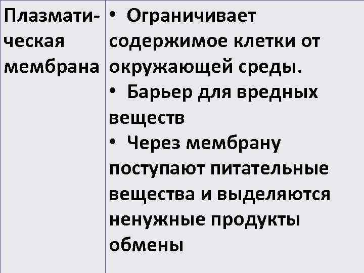 Плазмати- • Ограничивает ческая  содержимое клетки от мембрана окружающей среды.   •
