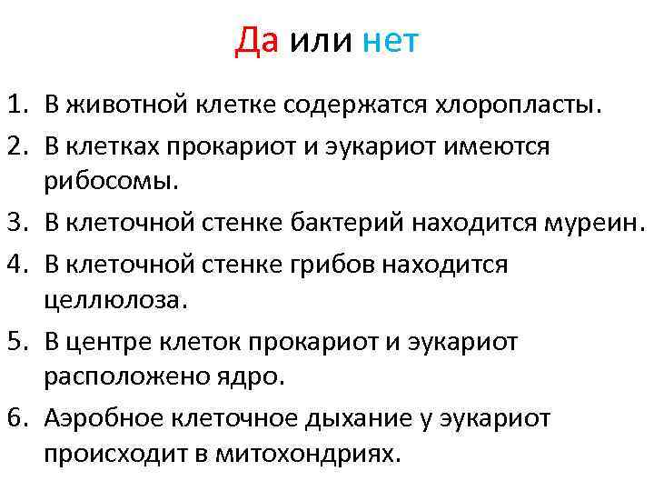    Да или нет 1. В животной клетке содержатся хлоропласты. 2. В