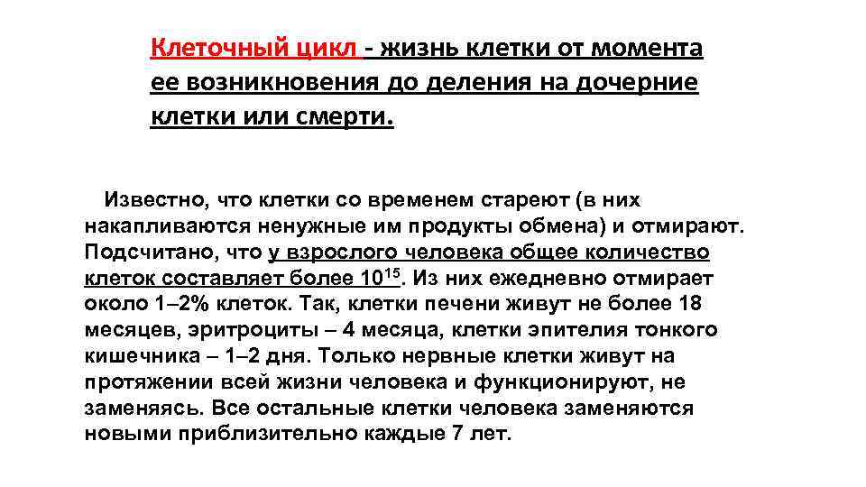 Клеточный цикл - жизнь клетки от момента ее возникновения до деления на Клеточный цикл - жизнь клетки от момента ее возникновения до деления на