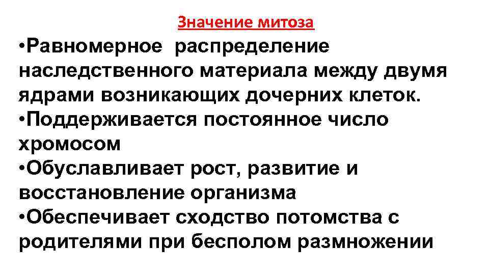 Значение митоза • Равномерное распределение наследственного материала между двумя ядрами Значение митоза • Равномерное распределение наследственного материала между двумя ядрами
