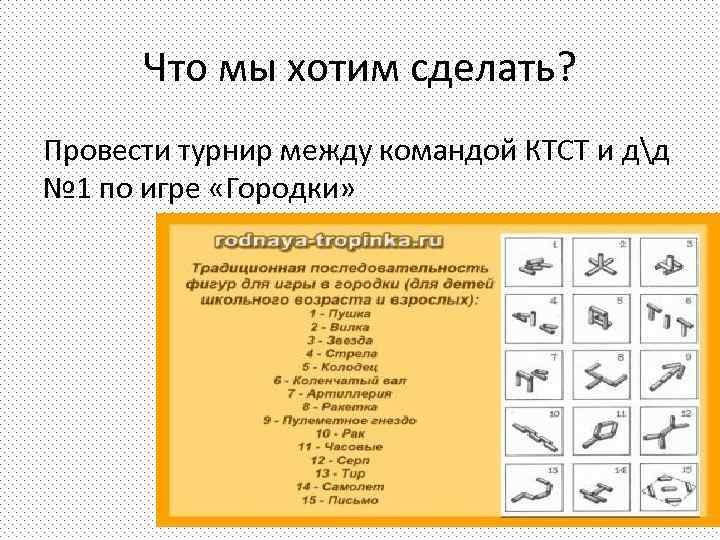  Что мы хотим сделать? Провести турнир между командой КТСТ и дд № 1