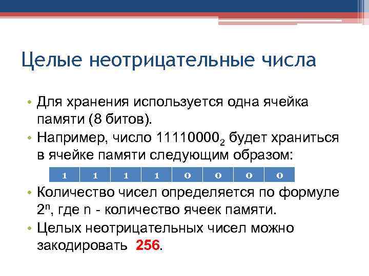 Целые неотрицательные числа • Для хранения используется одна ячейка  памяти (8 битов). 