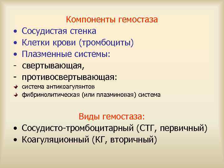    Компоненты гемостаза •  Сосудистая стенка •  Клетки крови (тромбоциты)
