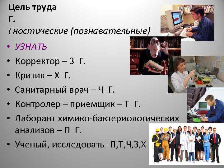Цель труда Г. Гностические (познавательные) • УЗНАТЬ • Корректор – 3 Г.  •