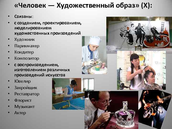   «Человек — Художественный образ» (Х):  • Связаны:  • с созданием,