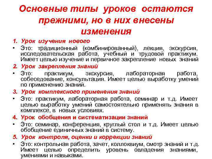  Основные типы уроков остаются прежними, но в них внесены   изменения 1.