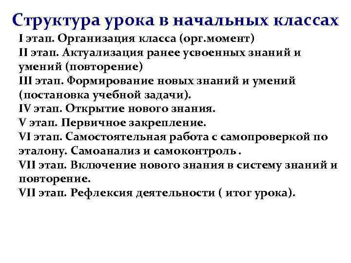 Структура урока в начальных классах I этап. Организация класса (орг. момент) II этап. Актуализация