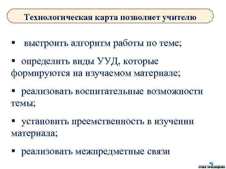  Технологическая карта позволяет учителю § выстроить алгоритм работы по теме; § определить виды