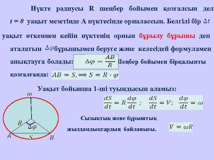    Нүкте радиусы R шеңбер бойымен қозғалсын делі t = 0 уақыт