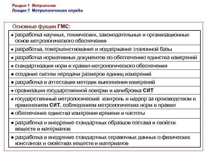 Раздел 1 Метрология Лекция 7 Метрологическая служба  Основные фукции ГМС: ● разработка научных,