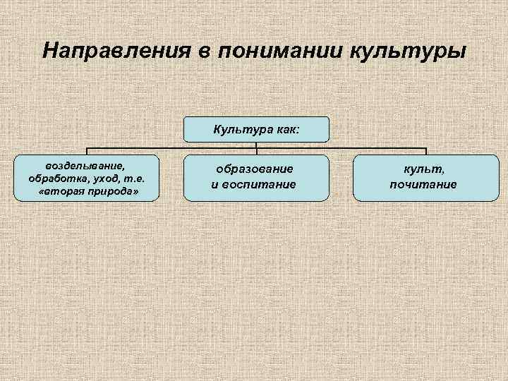  Направления в понимании культуры      Культура как: возделывание, 