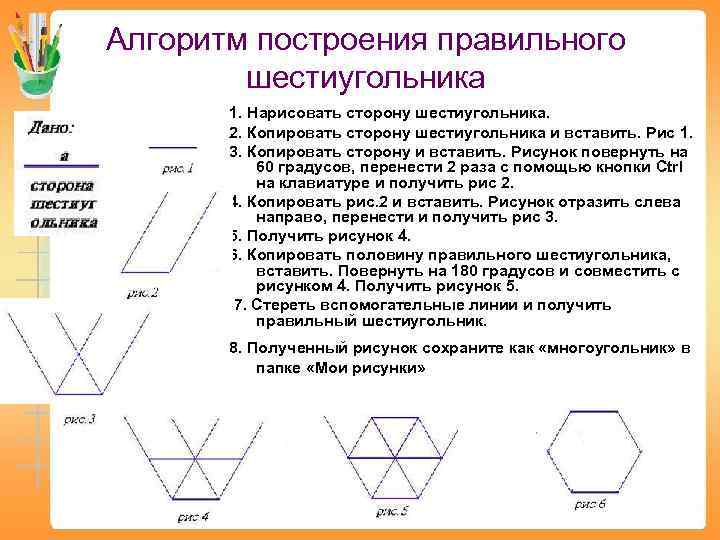 Алгоритм построения правильного   шестиугольника  1. Нарисовать сторону шестиугольника.   2.