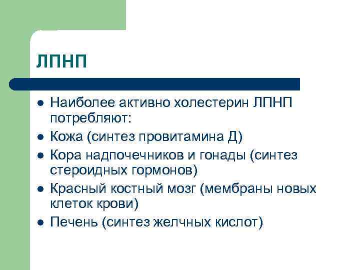 ЛПНП l  Наиболее активно холестерин ЛПНП потребляют: l  Кожа (синтез провитамина Д)