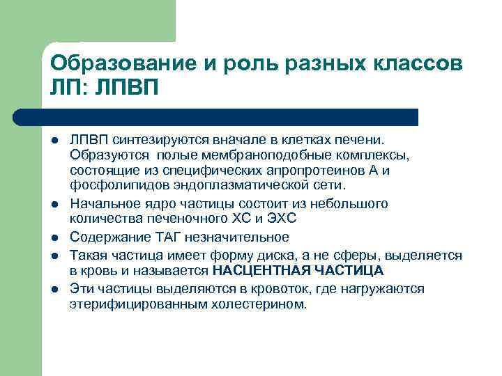 Образование и роль разных классов ЛП: ЛПВП l  ЛПВП синтезируются вначале в клетках
