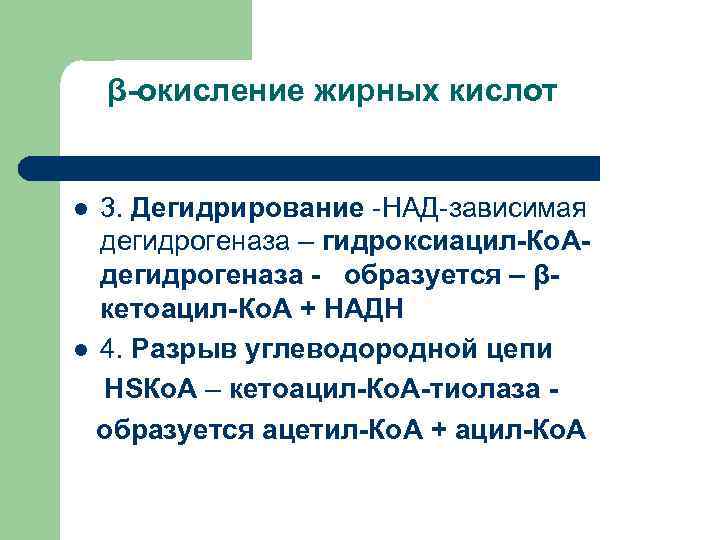   β-окисление жирных кислот  l 3. Дегидрирование -НАД-зависимая  дегидрогеназа – гидроксиацил-Ко.