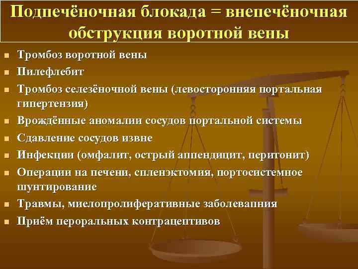   Подпечёночная блокада = внепечёночная  обструкция воротной вены n  Тромбоз воротной