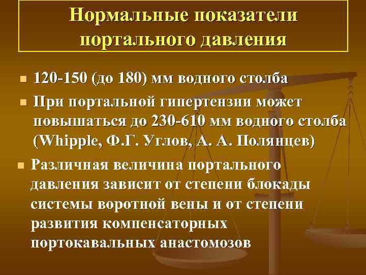  Нормальные показатели   портального давления n 120 150 (до 180) мм водного