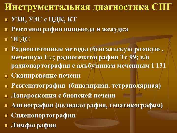 Инструментальная диагностика СПГ n  УЗИ, УЗС с ЦДК, КТ n  Рентгенография пищевода
