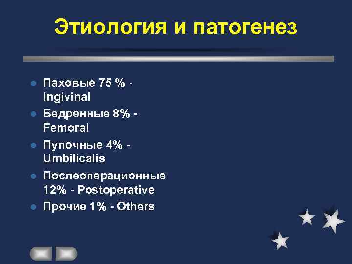  Этиология и патогенез l  Паховые 75 % - Ingivinal l  Бедренные