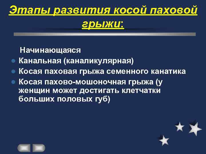 Этапы развития косой паховой  грыжи: Начинающаяся l Канальная (каналикулярная) l Косая паховая грыжа