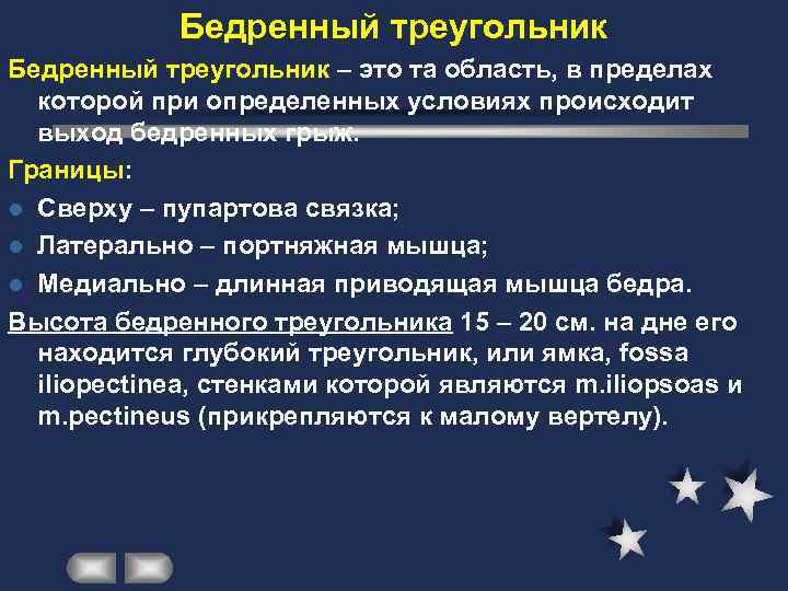   Бедренный треугольник – это та область, в пределах  которой при определенных