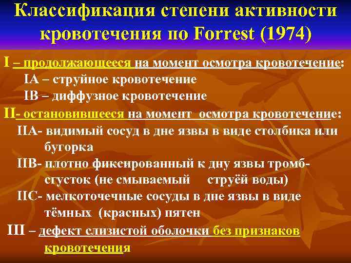 Классификация степени активности кровотечения по Forrest (1974) I – продолжающееся на момент осмотра