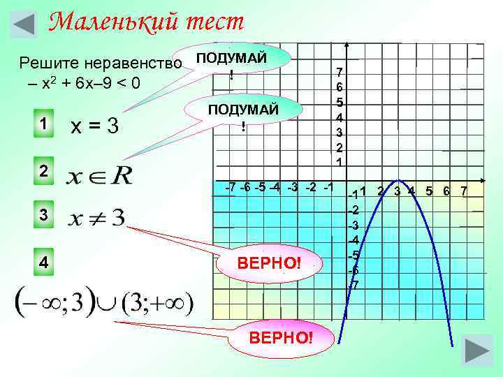  Маленький тест Решите неравенство ПОДУМАЙ   7    ! –