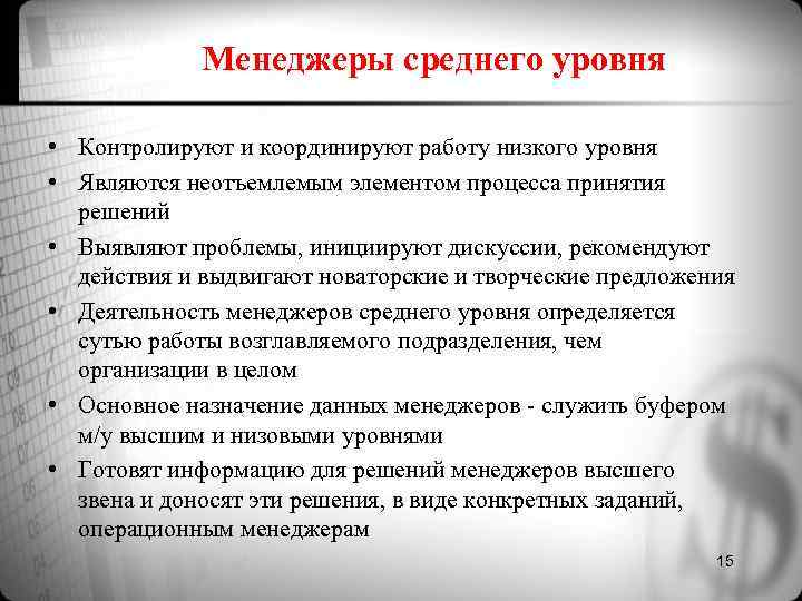 Менеджеры среднего уровня • Контролируют и координируют работу низкого уровня Менеджеры среднего уровня • Контролируют и координируют работу низкого уровня