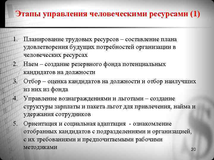 Этапы управления человеческими ресурсами (1) 1. Планирование трудовых ресурсов – составление плана Этапы управления человеческими ресурсами (1) 1. Планирование трудовых ресурсов – составление плана