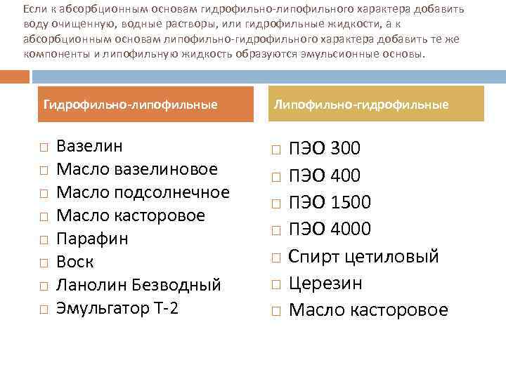 Если к абсорбционным основам гидрофильно-липофильного характера добавить воду очищенную, водные растворы, или гидрофильные жидкости,