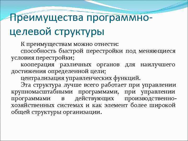 Преимущества программно- целевой структуры  К преимуществам можно отнести: способность быстрой перестройки под меняющиеся