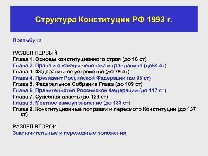   Структура Конституции РФ 1993 г.  Преамбула РАЗДЕЛ ПЕРВЫЙ Глава 1. Основы