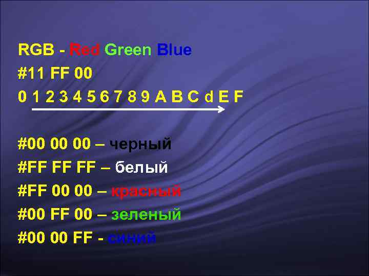 RGB - Red Green Blue #11 FF 00 0123456789 ABCd. EF #00 00 00