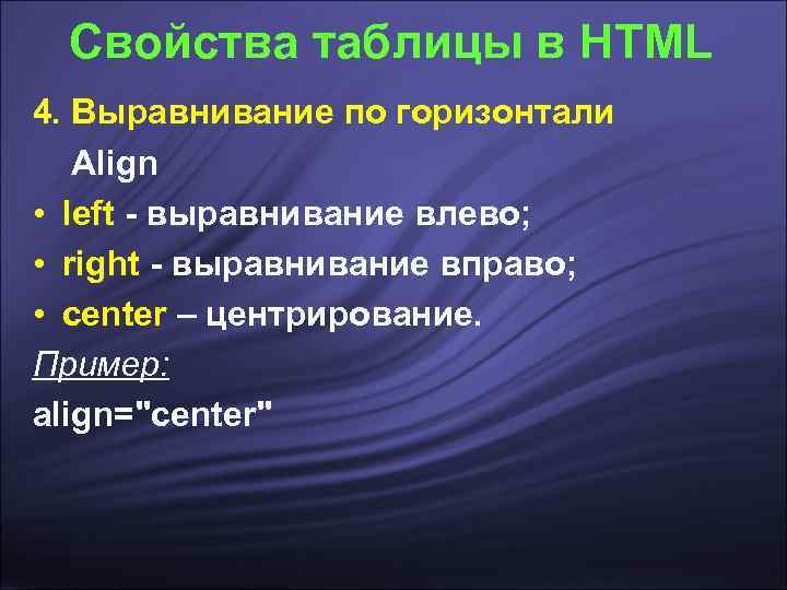  Свойства таблицы в HTML 4. Выравнивание по горизонтали  Align • left -