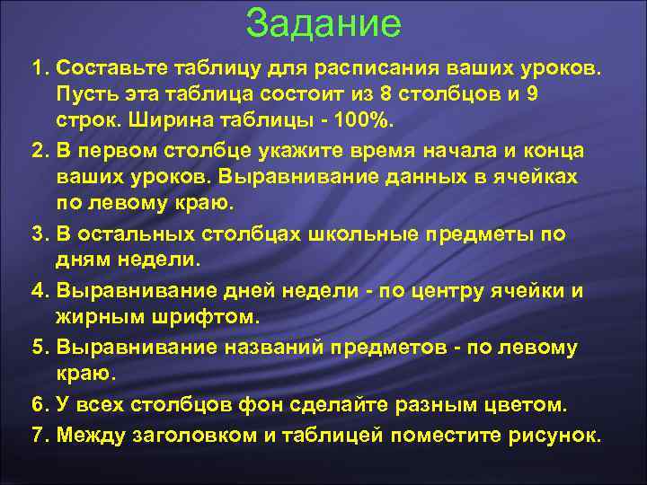    Задание 1. Составьте таблицу для расписания ваших уроков. Пусть эта таблица