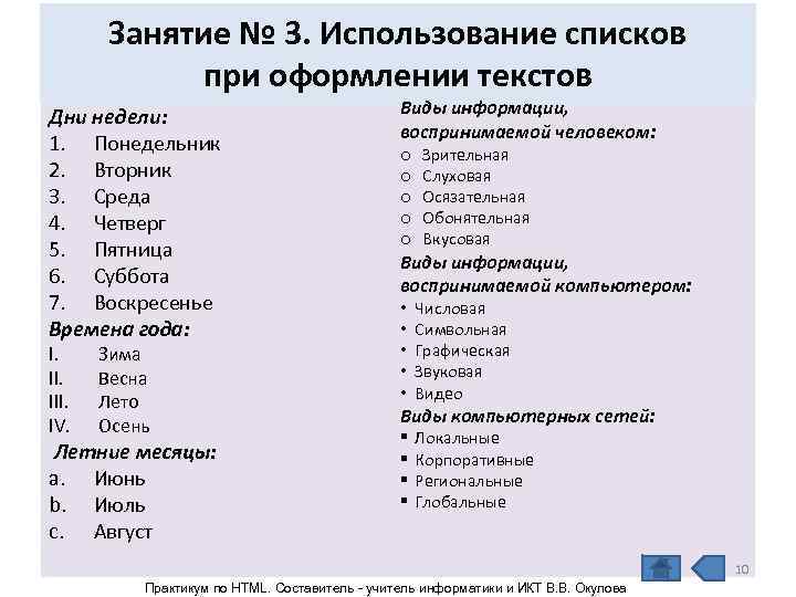   Занятие № 3. Использование списков   при оформлении текстов Дни недели: