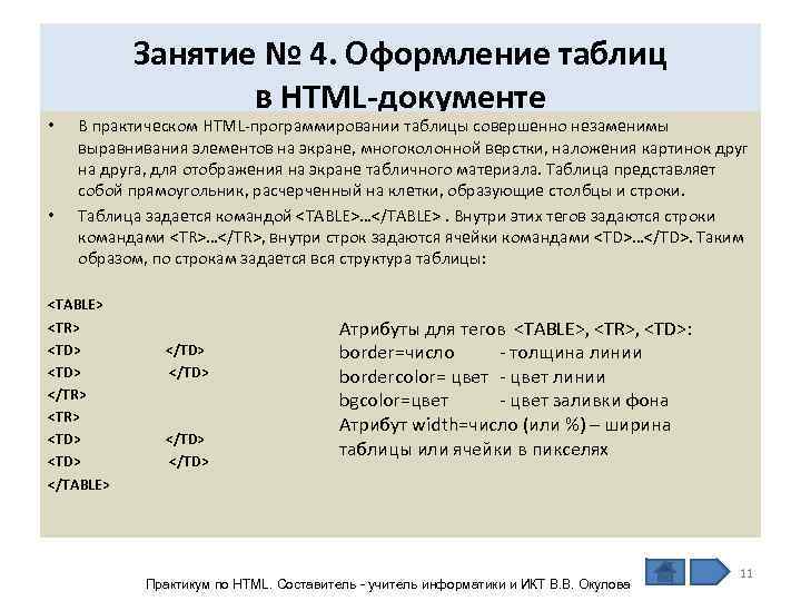   Занятие № 4. Оформление таблиц    в HTML-документе • 