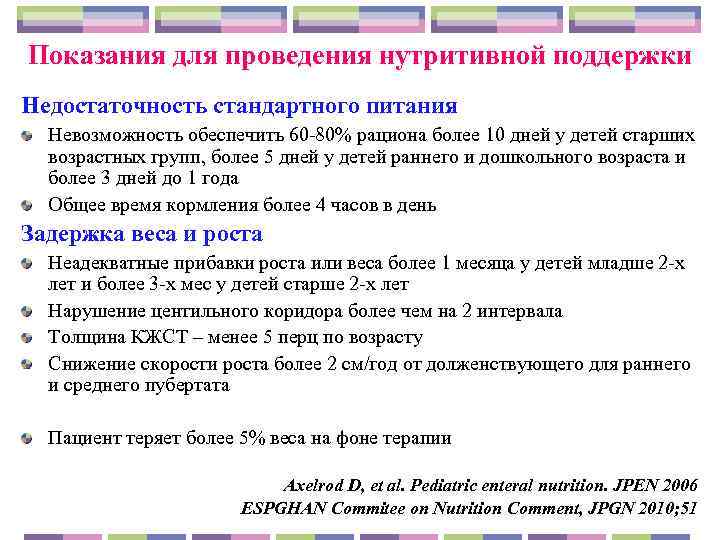 Показания для проведения нутритивной поддержки Недостаточность стандартного питания  Невозможность обеспечить 60 -80% рациона