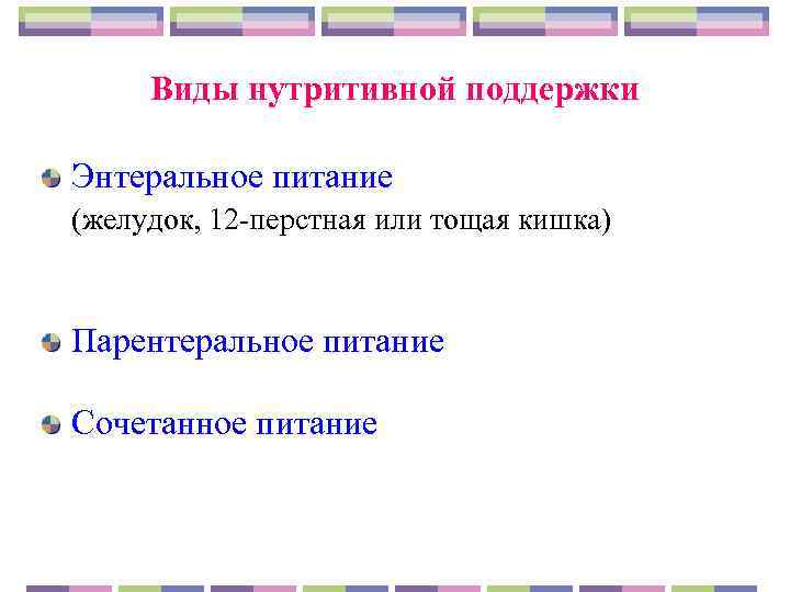   Виды нутритивной поддержки Энтеральное питание    (желудок, 12 -перстная или