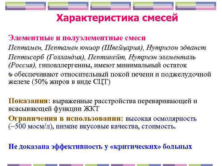    Характеристика смесей Элементные и полуэлементные смеси Пептамен, Пептамен юниор (Швейцария), Нутризон