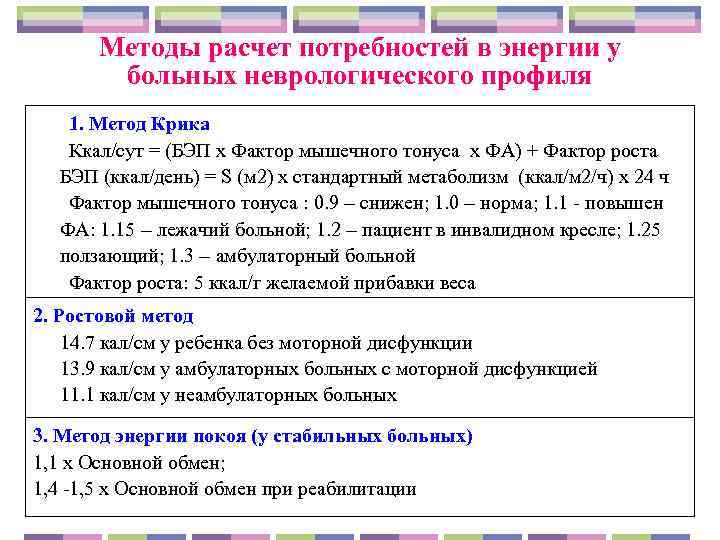   Методы расчет потребностей в энергии у   больных неврологического профиля 