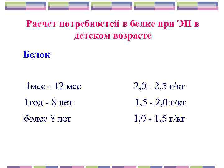   Расчет потребностей в белке при ЭП в   детском возрасте 