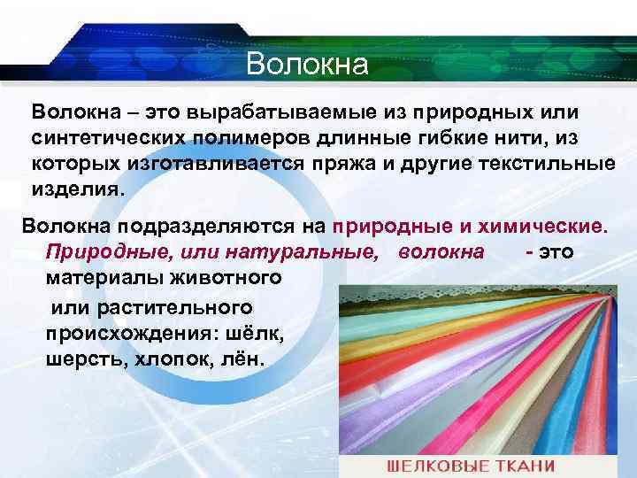     Волокна – это вырабатываемые из природных или синтетических полимеров длинные